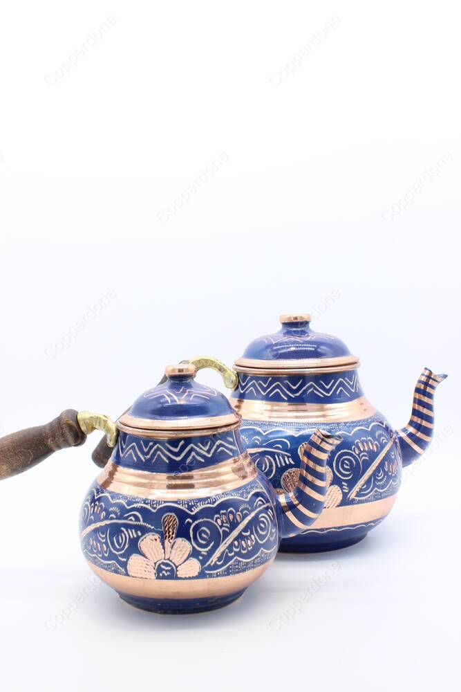 Copperdone Erzincan Handmade Hand Embroidered Large Size Copper Teapot Tea Kettle With Wooden Handle Blue - 3