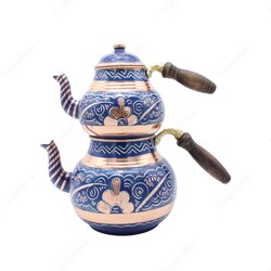 Copperdone Erzincan Handmade Hand Embroidered Large Size Copper Teapot Tea Kettle With Wooden Handle Blue - 2