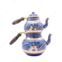 Copperdone Erzincan Handmade Hand Embroidered Large Size Copper Teapot Tea Kettle With Wooden Handle Blue - 1