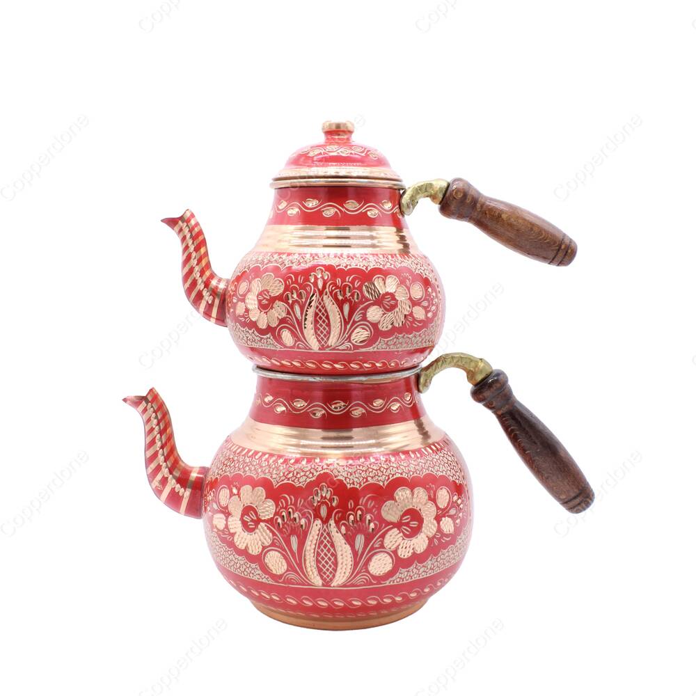 Copperdone Erzincan Handmade Hand Embroidered Large Size Copper Teapot Tea Kettle With Wooden Handle Red - 1