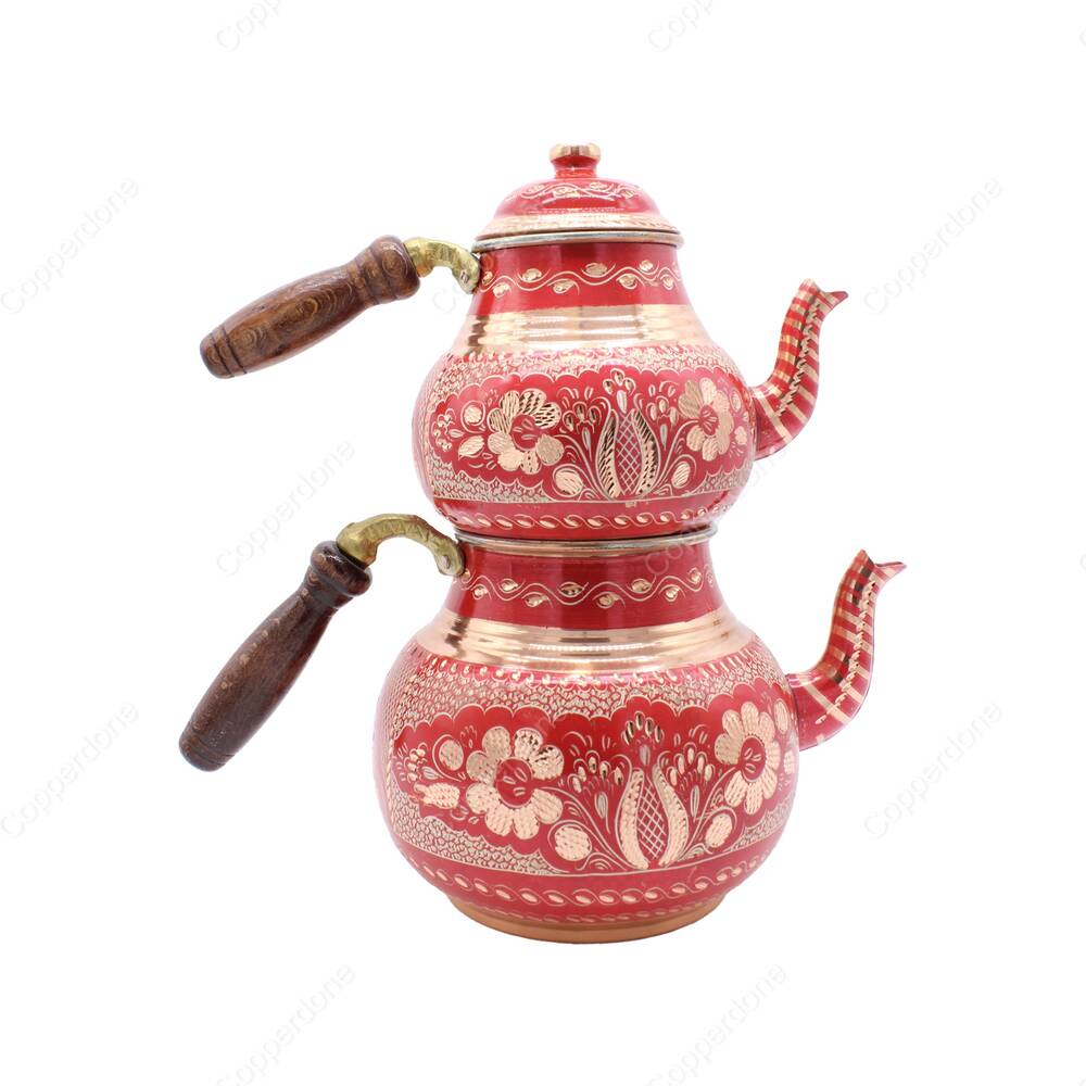 Copperdone Erzincan Handmade Hand Embroidered Large Size Copper Teapot Tea Kettle With Wooden Handle Red - 2