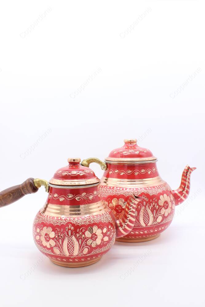 Copperdone Erzincan Handmade Hand Embroidered Large Size Copper Teapot Tea Kettle With Wooden Handle Red - 3