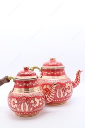 Copperdone Erzincan Handmade Hand Embroidered Large Size Copper Teapot Tea Kettle With Wooden Handle Red - 4