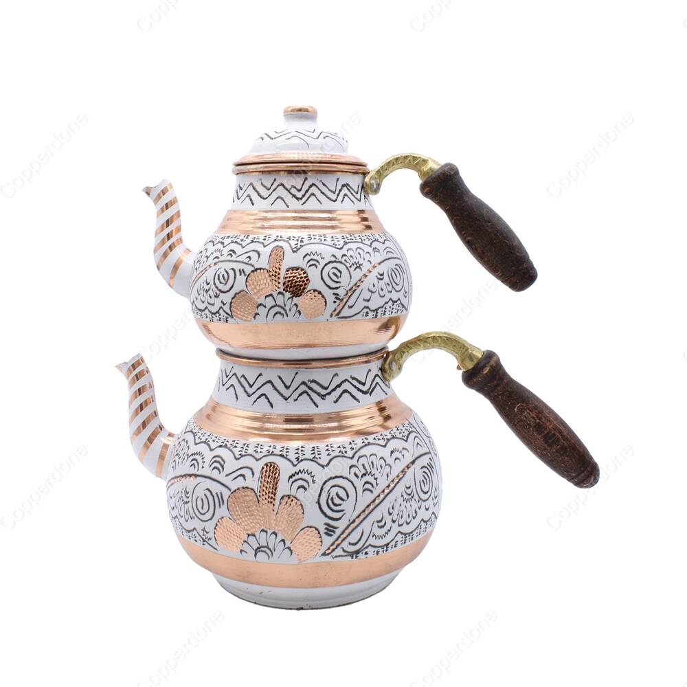 Copperdone Erzincan Handmade Hand Embroidered Large Size Copper Teapot Tea Kettle With Wooden Handle White - 1