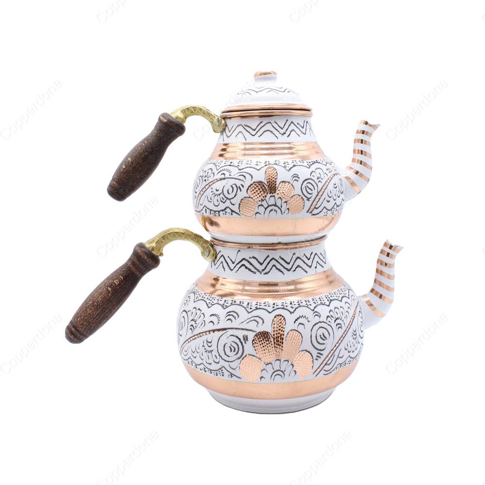 Copperdone Erzincan Handmade Hand Embroidered Large Size Copper Teapot Tea Kettle With Wooden Handle White - 2