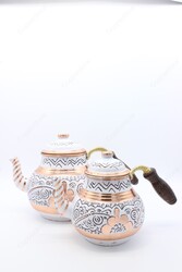 Copperdone Erzincan Handmade Hand Embroidered Large Size Copper Teapot Tea Kettle With Wooden Handle White - 3