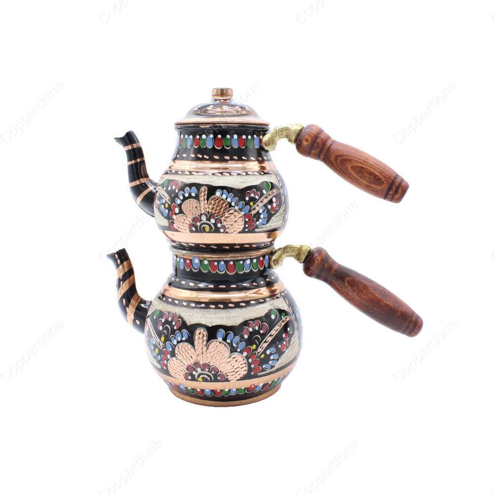 Copperdone Erzincan Handmade Hand Painted Floral Motif Copper Teapot Tea Kettle With Wooden Handle Black - 1