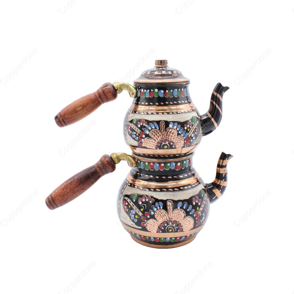 Copperdone Erzincan Handmade Hand Painted Floral Motif Copper Teapot Tea Kettle With Wooden Handle Black - 2