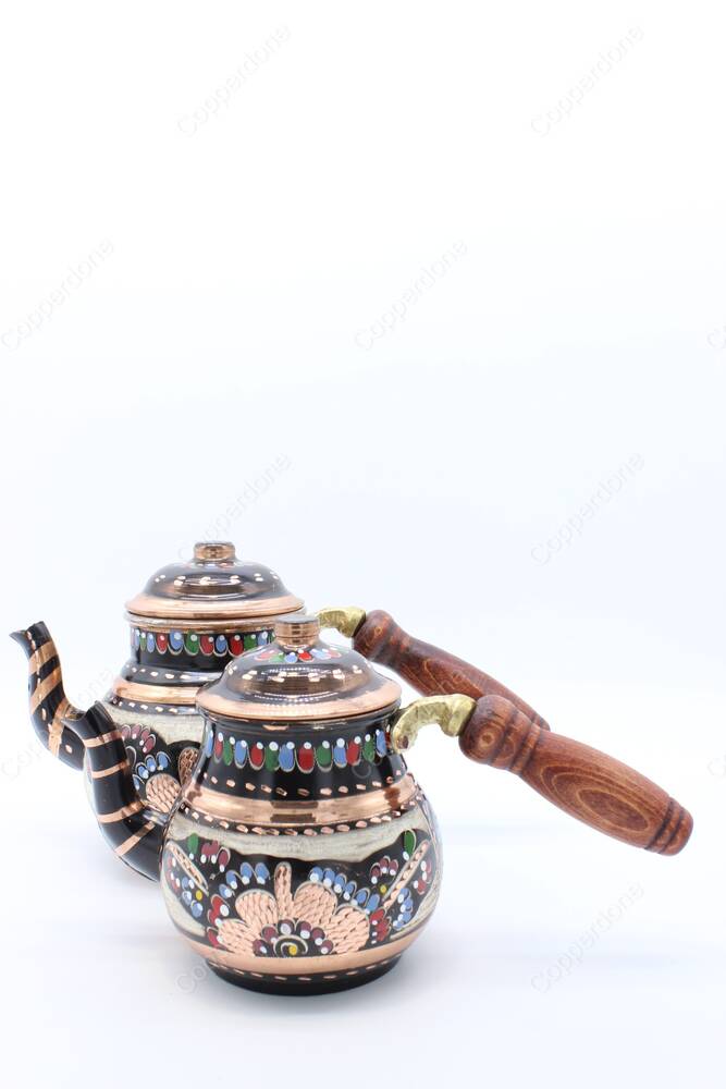 Copperdone Erzincan Handmade Hand Painted Floral Motif Copper Teapot Tea Kettle With Wooden Handle Black - 3