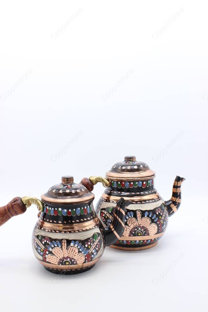 Copperdone Erzincan Handmade Hand Painted Floral Motif Copper Teapot Tea Kettle With Wooden Handle Black - 4