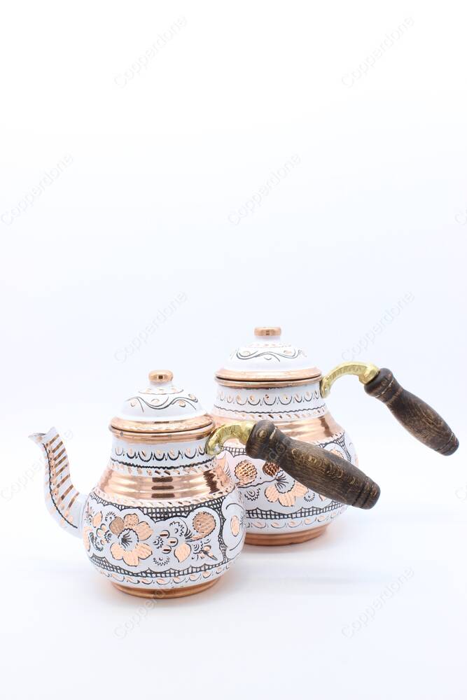 Copperdone Erzincan Handmade Hand Painted Floral Motif Copper Teapot Tea Kettle With Wooden Handle White Model 1 - 3