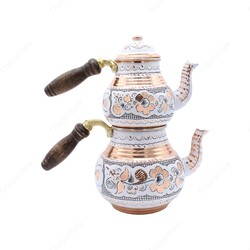 Copperdone Erzincan Handmade Hand Painted Floral Motif Copper Teapot Tea Kettle With Wooden Handle White Model 1 - 2