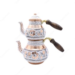 Copperdone Erzincan Handmade Hand Painted Floral Motif Copper Teapot Tea Kettle With Wooden Handle White Model 1 - 1