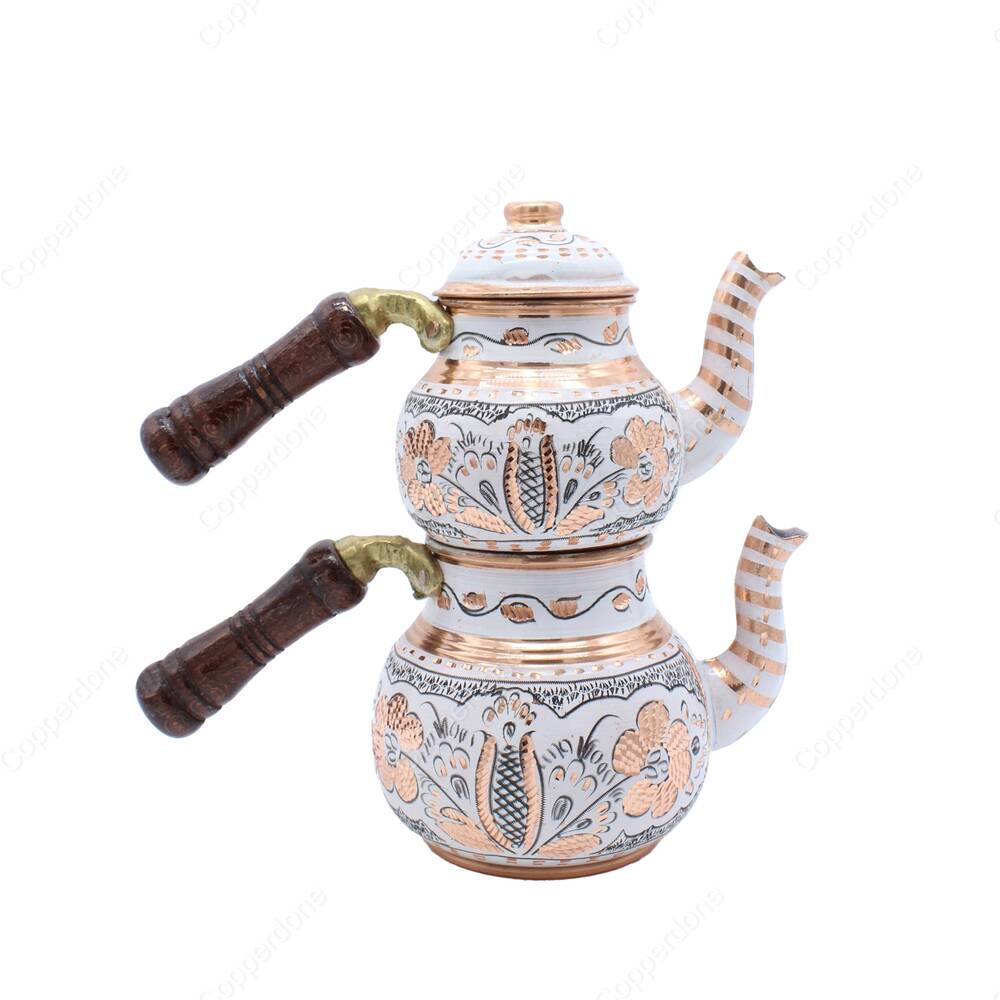 Copperdone Erzincan Handmade Hand Painted Floral Motif Copper Teapot Tea Kettle With Wooden Handle White Model 2 - 1