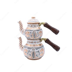 Copperdone Erzincan Handmade Hand Painted Floral Motif Copper Teapot Tea Kettle With Wooden Handle White Model 2 - 2