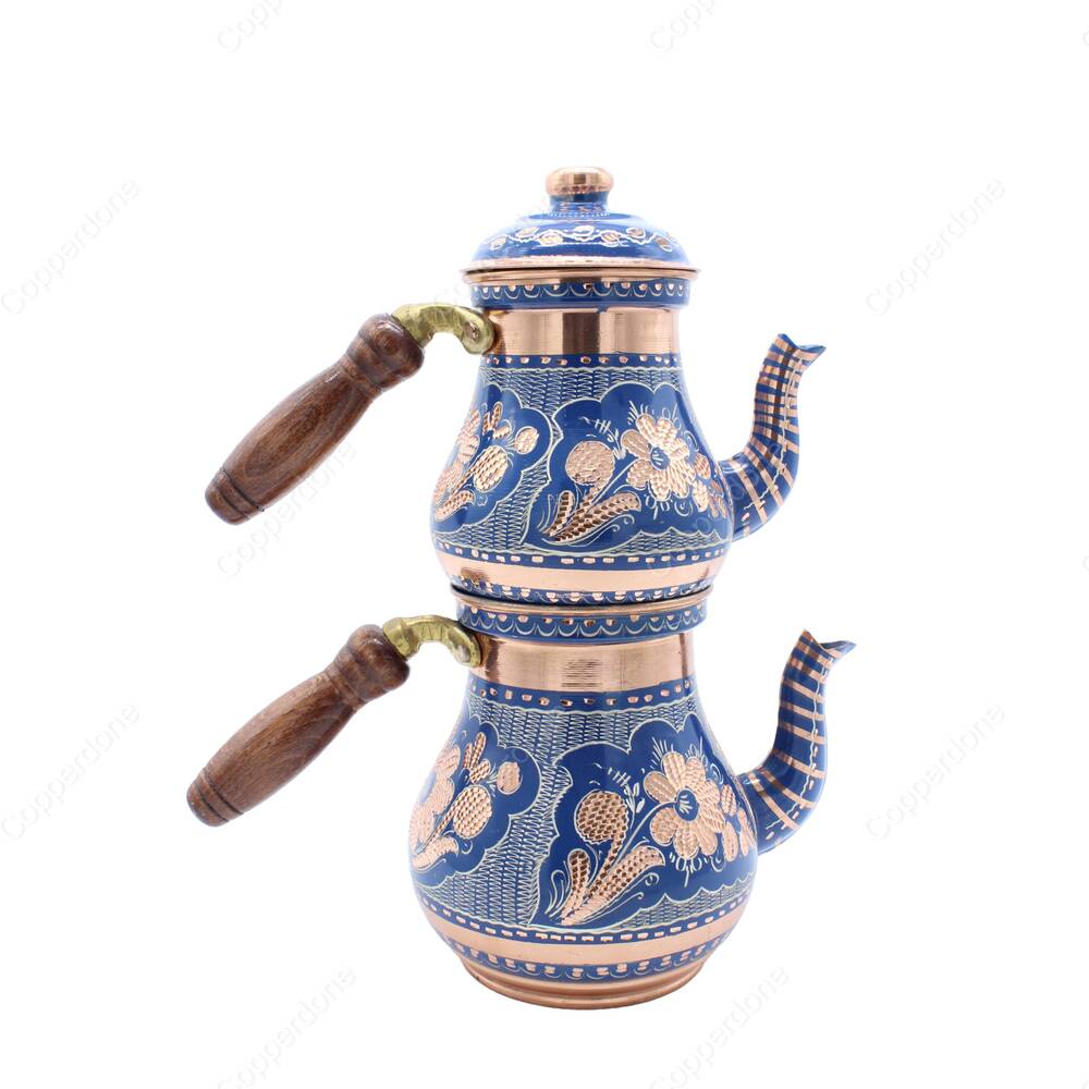 Copperdone Erzincan Handmade Hand Painted Ottoman Motif Turkish Copper Teapot Tea Kettle With Wooden Handle Blue - 1