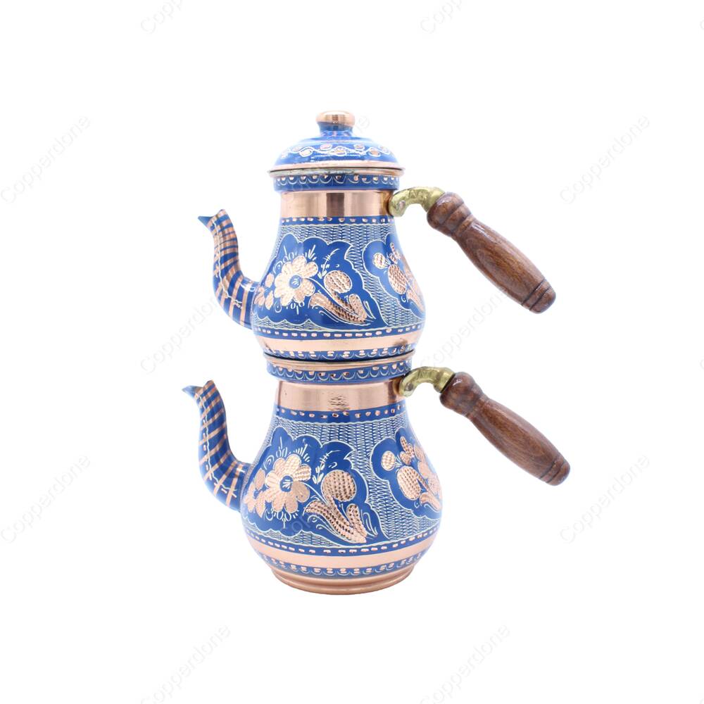 Copperdone Erzincan Handmade Hand Painted Ottoman Motif Turkish Copper Teapot Tea Kettle With Wooden Handle Blue - 2