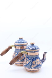 Copperdone Erzincan Handmade Hand Painted Ottoman Motif Turkish Copper Teapot Tea Kettle With Wooden Handle Blue - 3