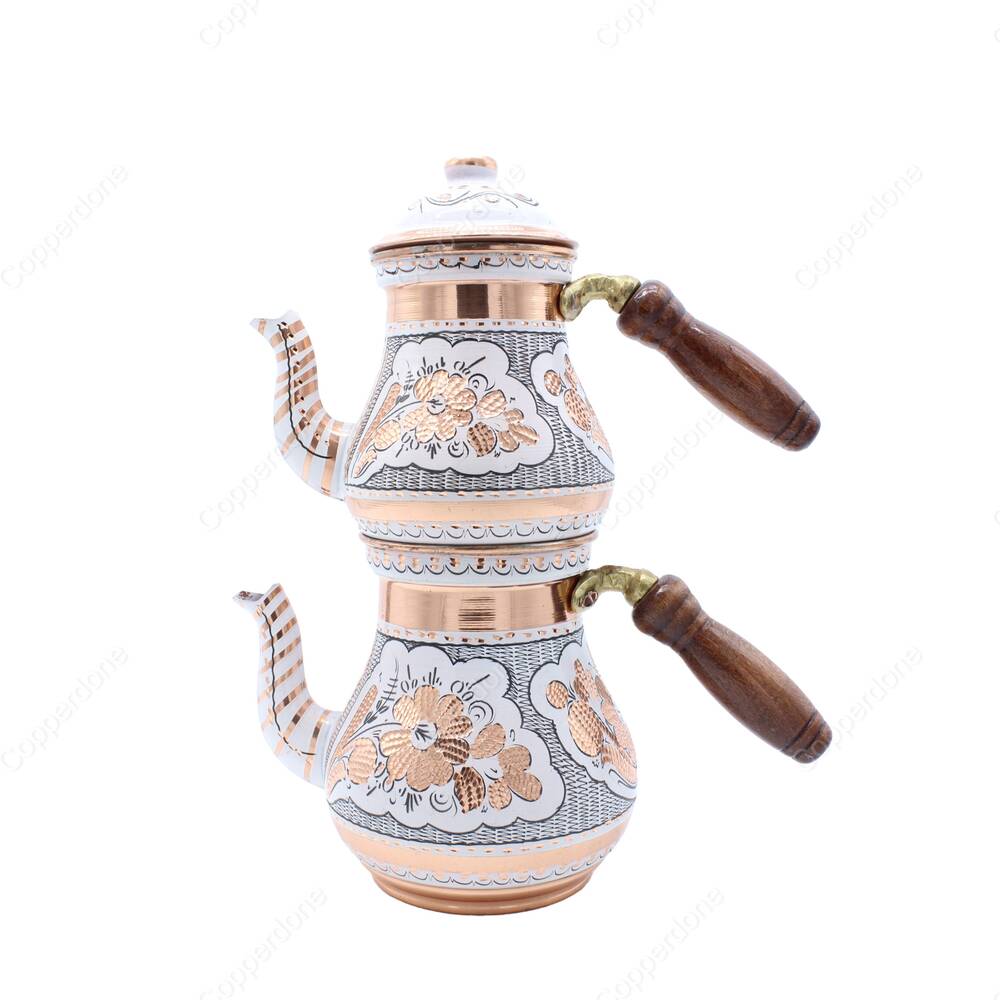 Copperdone Erzincan Handmade Hand Painted Ottoman Motif Turkish Copper Teapot Tea Kettle With Wooden Handle White - 1