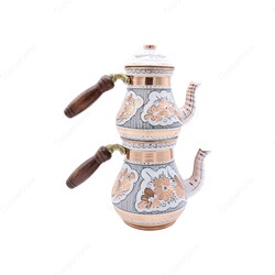 Copperdone Erzincan Handmade Hand Painted Ottoman Motif Turkish Copper Teapot Tea Kettle With Wooden Handle White - 2