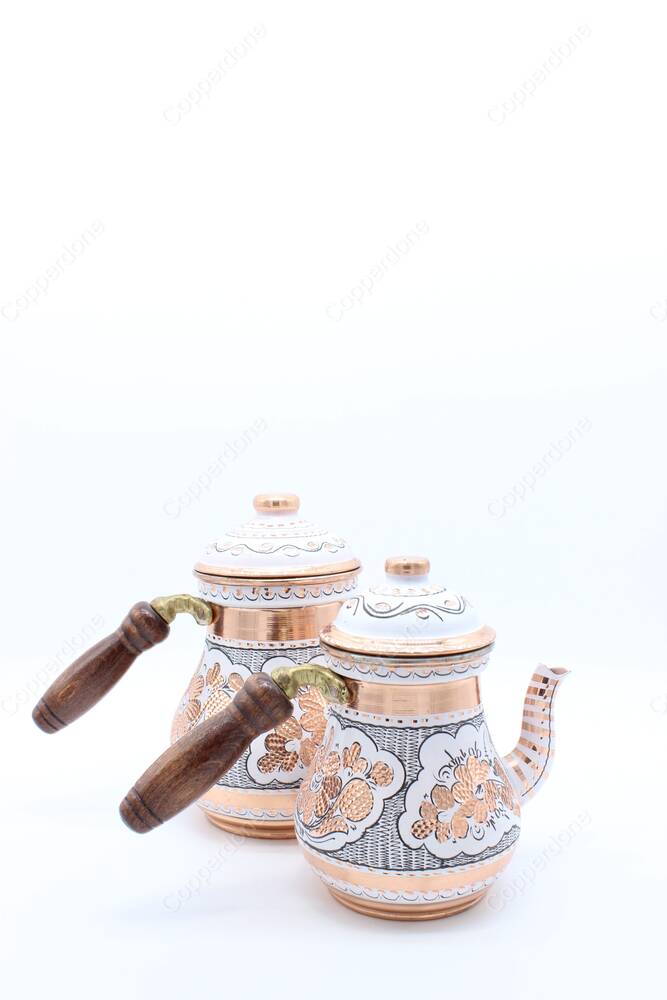 Copperdone Erzincan Handmade Hand Painted Ottoman Motif Turkish Copper Teapot Tea Kettle With Wooden Handle White - 3