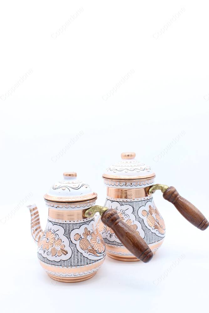 Copperdone Erzincan Handmade Hand Painted Ottoman Motif Turkish Copper Teapot Tea Kettle With Wooden Handle White - 4