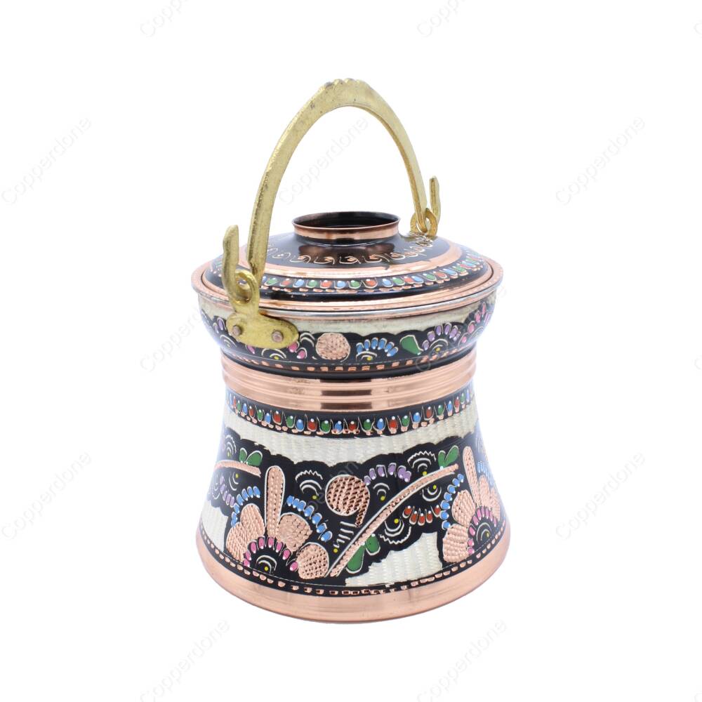 Copperdone Erzincan Style Handmade Handcrafted Copper Bucket With Lid Bakrac Black Enameled Color - 1