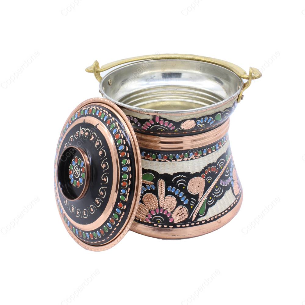 Copperdone Erzincan Style Handmade Handcrafted Copper Bucket With Lid Bakrac Black Enameled Color - 2