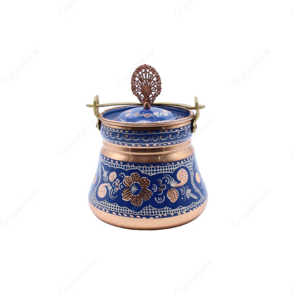 Copperdone Erzincan Style Handmade Handcrafted Copper Bucket With Lid Bakrac Blue Color - 1