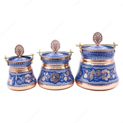 Copperdone Erzincan Style Handmade Handcrafted Copper Bucket With Lid Bakrac Set Blue Color - 1