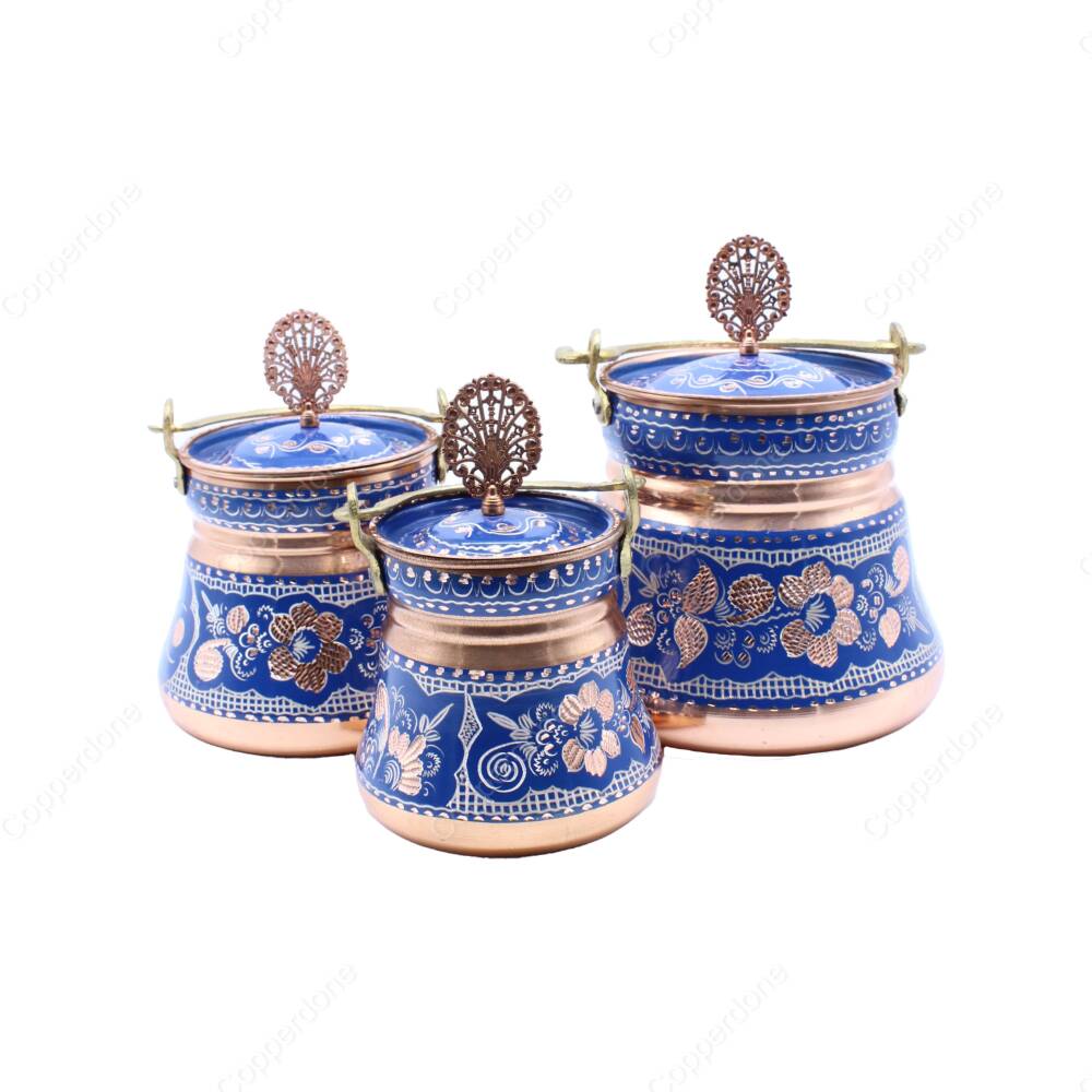 Copperdone Erzincan Style Handmade Handcrafted Copper Bucket With Lid Bakrac Set Blue Color - 2