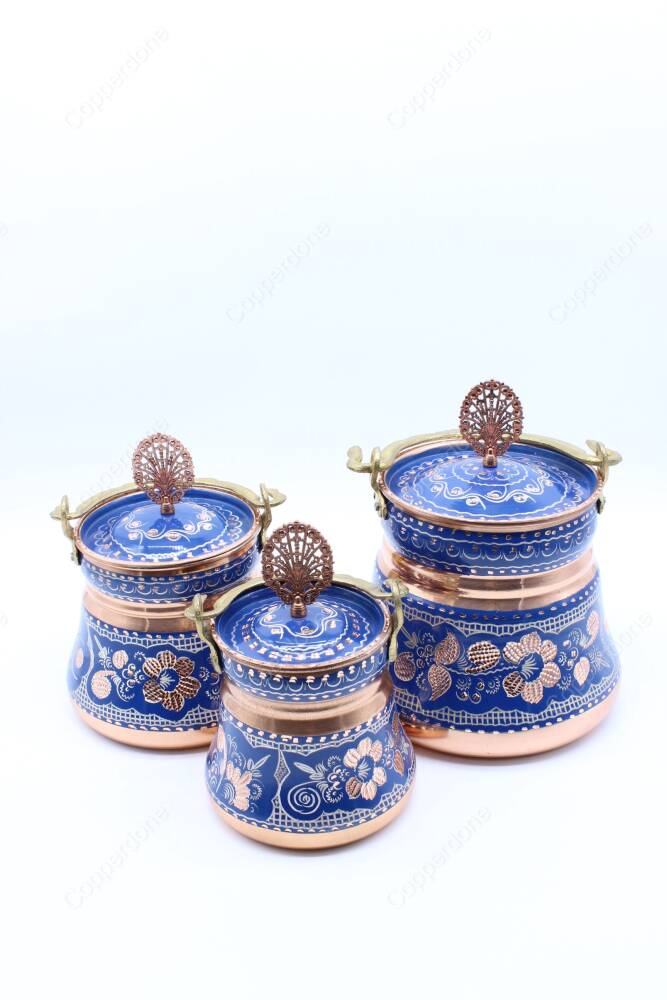 Copperdone Erzincan Style Handmade Handcrafted Copper Bucket With Lid Bakrac Set Blue Color - 3