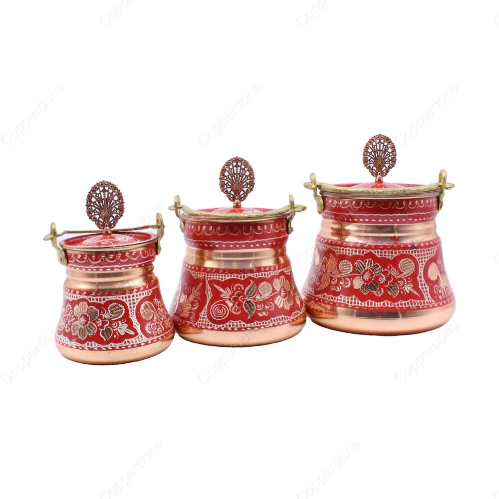 Copperdone Erzincan Style Handmade Handcrafted Copper Bucket With Lid Bakrac Set Red Color - 2