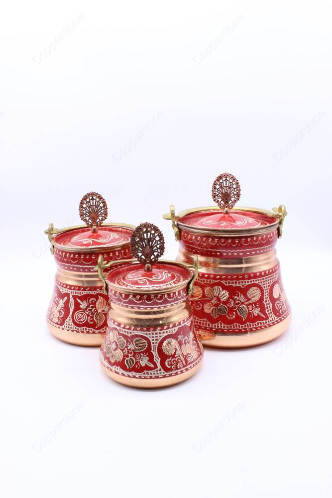 Copperdone Erzincan Style Handmade Handcrafted Copper Bucket With Lid Bakrac Set Red Color - 3