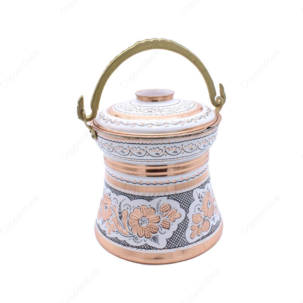 Copperdone Erzincan Style Handmade Handcrafted Copper Bucket With Lid Bakrac White Color - 1