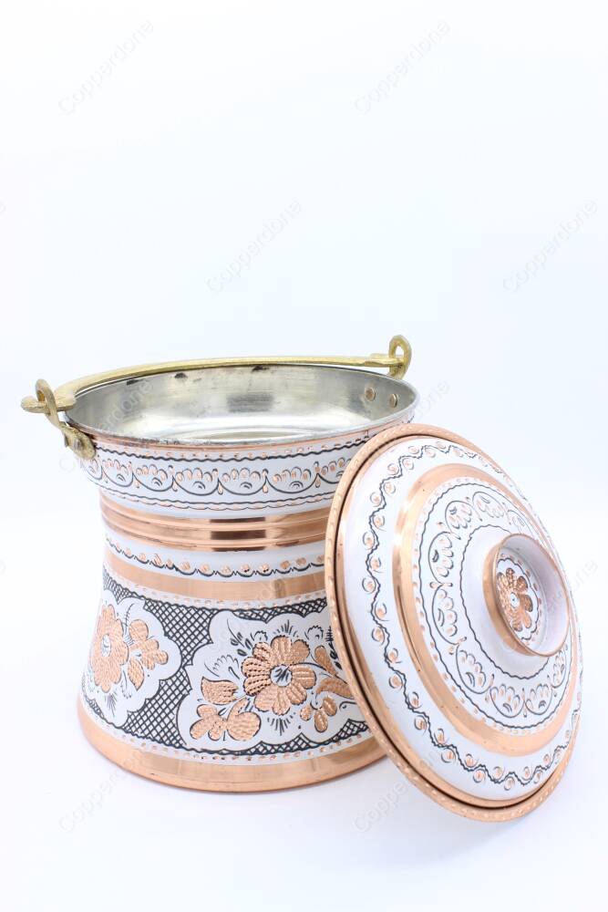 Copperdone Erzincan Style Handmade Handcrafted Copper Bucket With Lid Bakrac White Color - 3