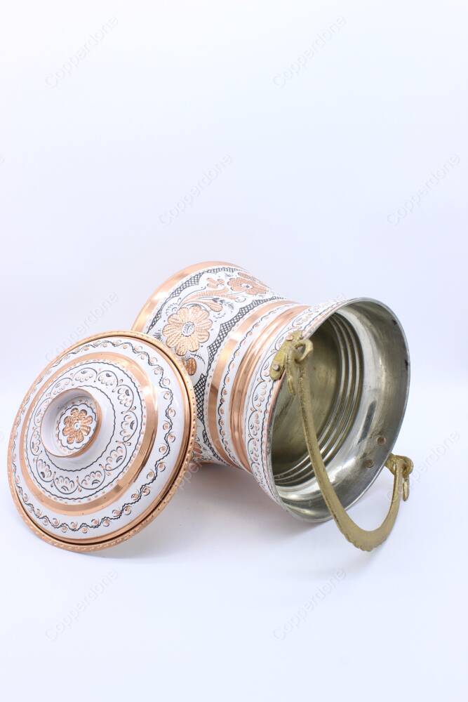 Copperdone Erzincan Style Handmade Handcrafted Copper Bucket With Lid Bakrac White Color - 4