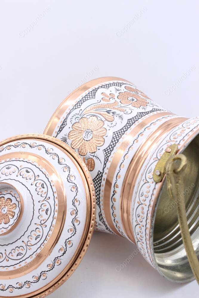 Copperdone Erzincan Style Handmade Handcrafted Copper Bucket With Lid Bakrac White Color - 5