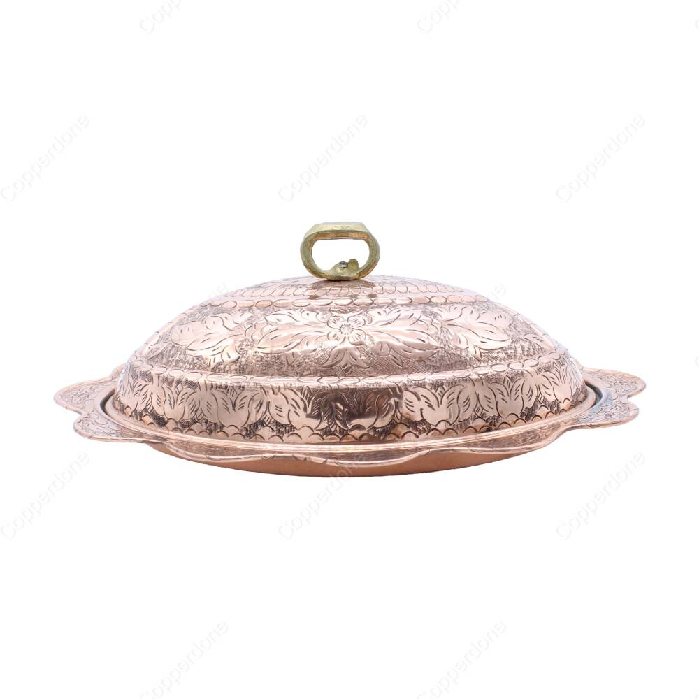 Copperdone Fine Engraved Handcrafted Embossed Floral Pattern Turkish Copper Serving Plate Platter With Lid - 2