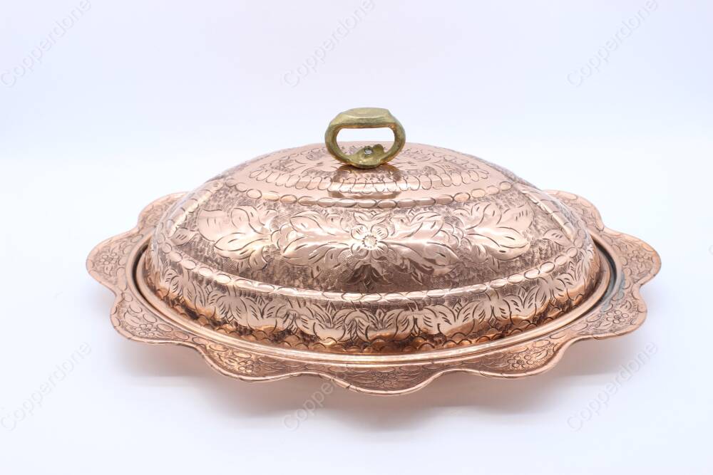 Copperdone Fine Engraved Handcrafted Embossed Floral Pattern Turkish Copper Serving Plate Platter With Lid - 3