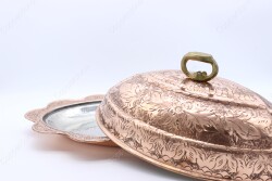 Copperdone Fine Engraved Handcrafted Embossed Floral Pattern Turkish Copper Serving Plate Platter With Lid - 4