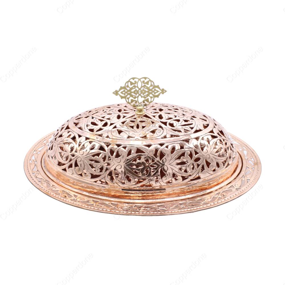 Copperdone Fine Engraved Handmade Handcrafted Authentic Pattern Special Design Turkish Copper Serving Plate Platter With Lid Ottoman Collection 6 - 1