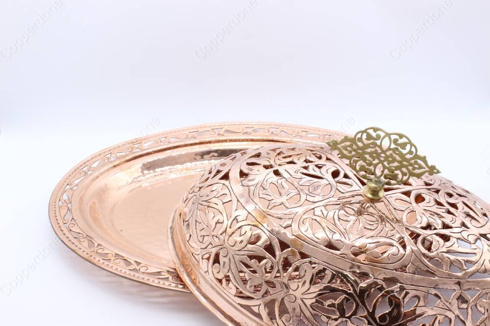 Copperdone Fine Engraved Handmade Handcrafted Authentic Pattern Special Design Turkish Copper Serving Plate Platter With Lid Ottoman Collection 6 - 4