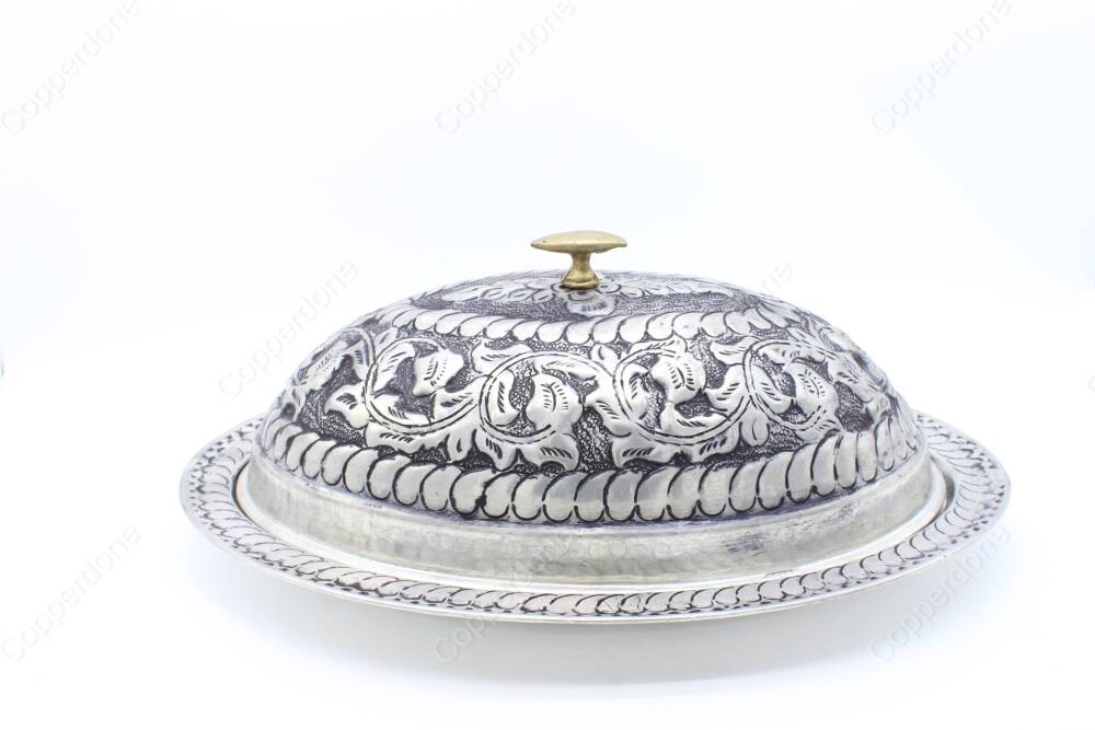 Copperdone Fine Hand Engraved Handmade Embossed Floral Pattern Turkish Copper Serving Plate Platter With Lid Antique Silver Color - 3