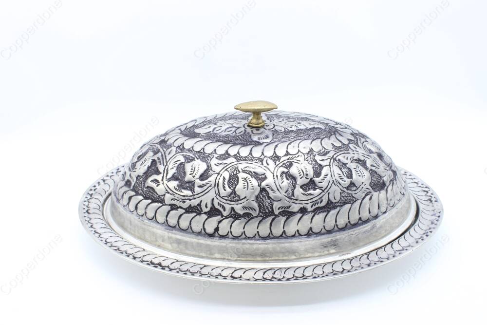 Copperdone Fine Hand Engraved Handmade Embossed Floral Pattern Turkish Copper Serving Plate Platter With Lid Antique Silver Color - 4