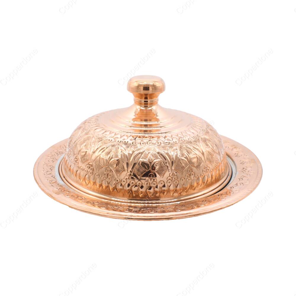 Copperdone Fine Hand Engraved Handmade Embossed Floral Pattern Turkish Copper Serving Plate Platter With Lid Copper Color - 2