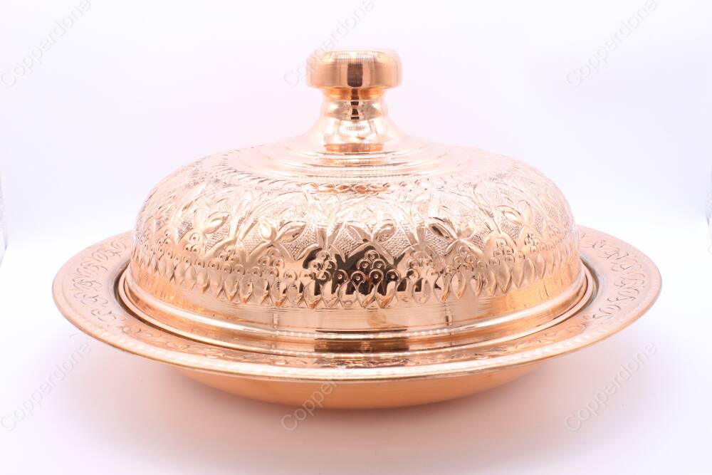 Copperdone Fine Hand Engraved Handmade Embossed Floral Pattern Turkish Copper Serving Plate Platter With Lid Copper Color - 4