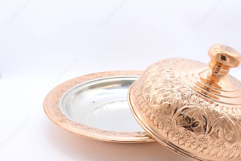 Copperdone Fine Hand Engraved Handmade Embossed Floral Pattern Turkish Copper Serving Plate Platter With Lid Copper Color - 5