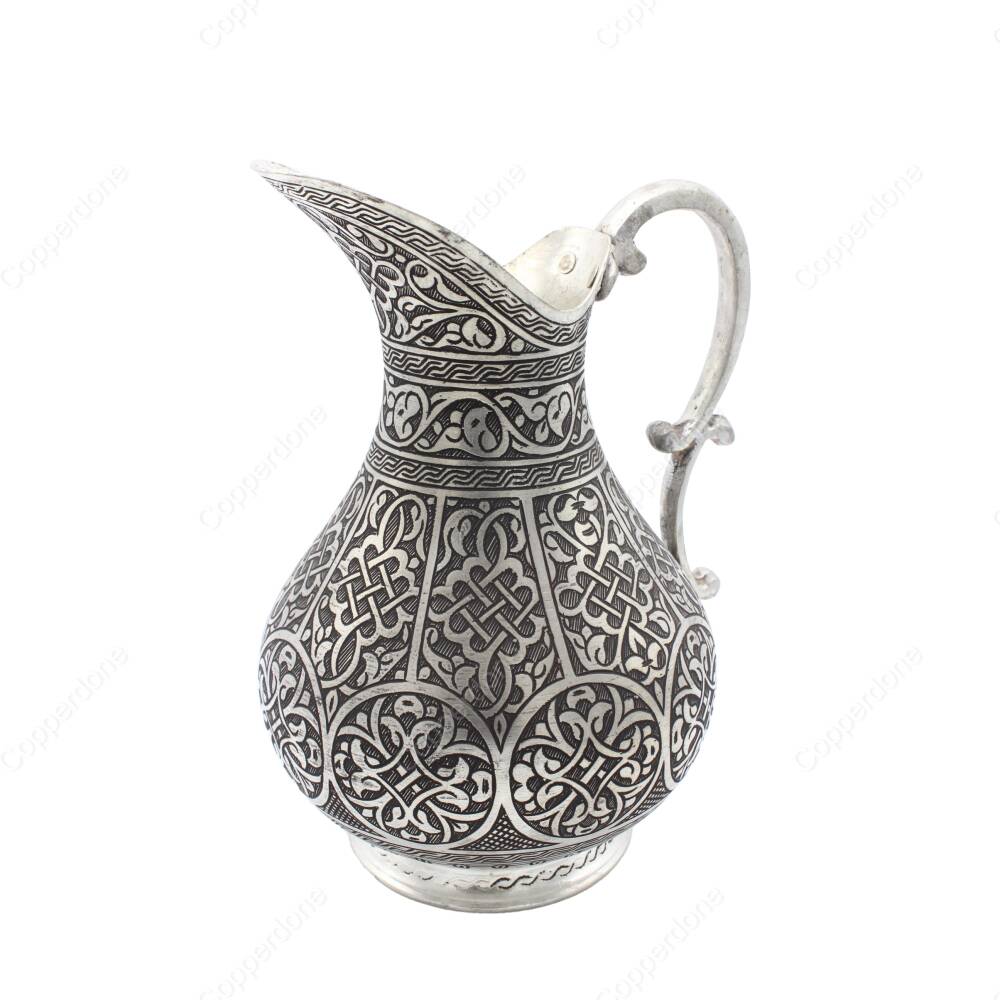 Copperdone Fine Handcrafted Hand Engraved Chisel Work Copper Jug Decanter Antique Silver Color Ottoman Collection 11 - 1