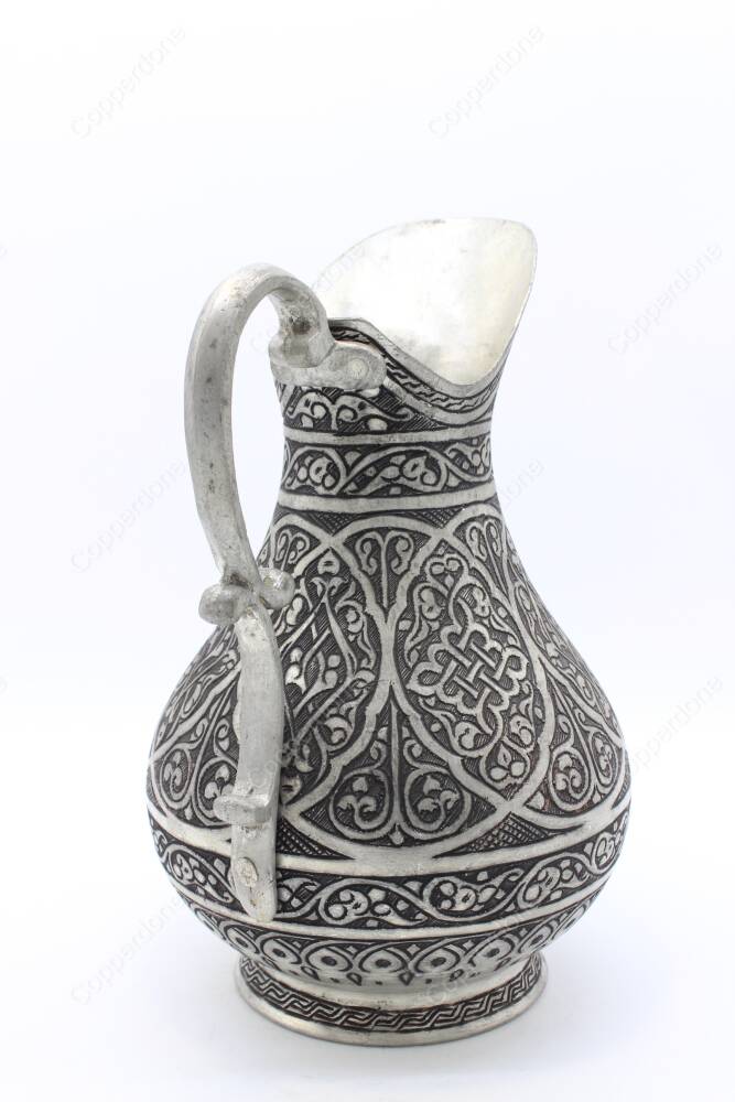 Copperdone Fine Handcrafted Hand Engraved Chisel Work Copper Jug Decanter Antique Silver Color Ottoman Collection 12 - 3